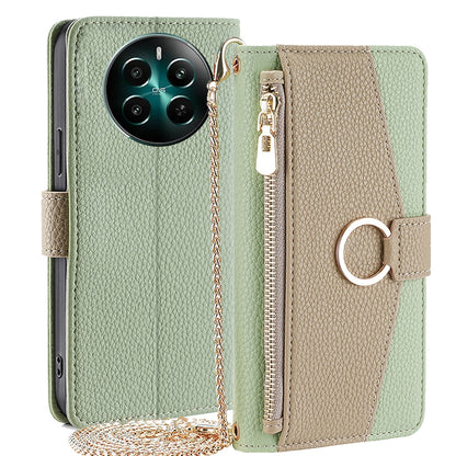 Realme 12+ 5G Crossbody Phone Case with Litchi Texture Leather, Adjustable Kickstand, Card Slots, Zipper Purse, Makeup Mirror, and TPU Protection