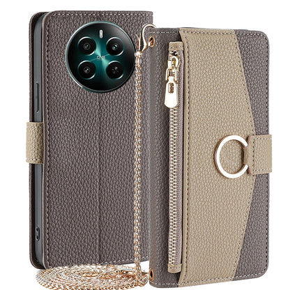 Realme 12+ 5G Crossbody Phone Case with Litchi Texture Leather, Adjustable Kickstand, Card Slots, Zipper Purse, Makeup Mirror, and TPU Protection