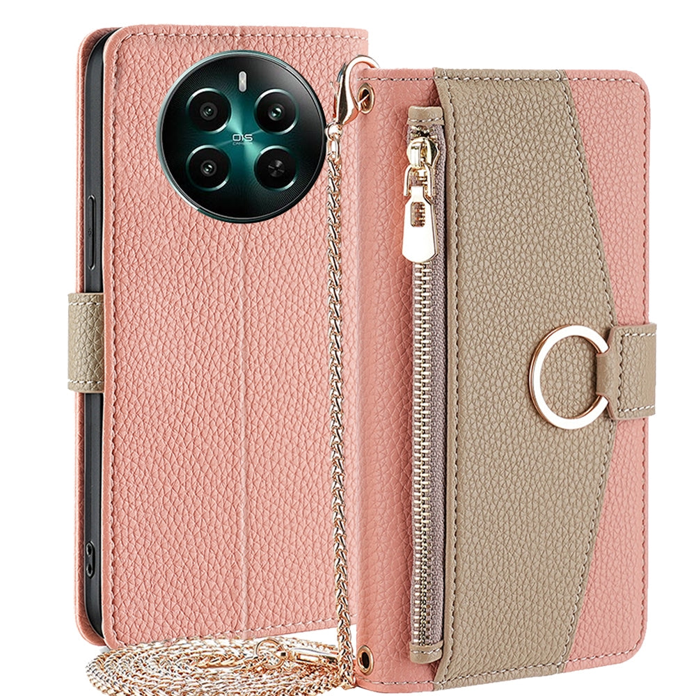 Realme 12+ 5G Crossbody Phone Case with Litchi Texture Leather, Adjustable Kickstand, Card Slots, Zipper Purse, Makeup Mirror, and TPU Protection