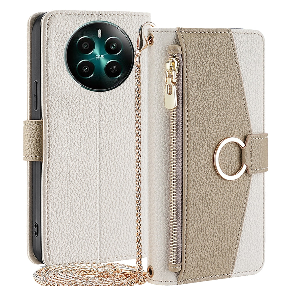 Realme 12+ 5G Crossbody Phone Case with Litchi Texture Leather, Adjustable Kickstand, Card Slots, Zipper Purse, Makeup Mirror, and TPU Protection