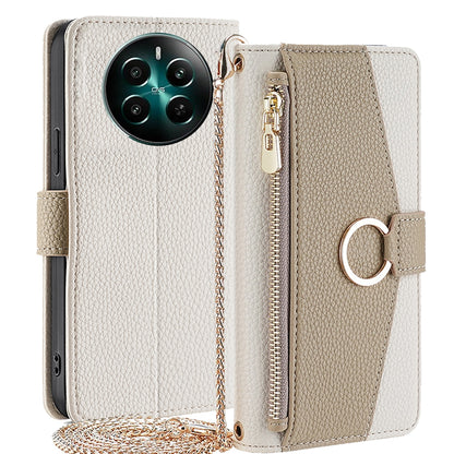 Realme 12+ 5G Crossbody Phone Case with Litchi Texture Leather, Adjustable Kickstand, Card Slots, Zipper Purse, Makeup Mirror, and TPU Protection