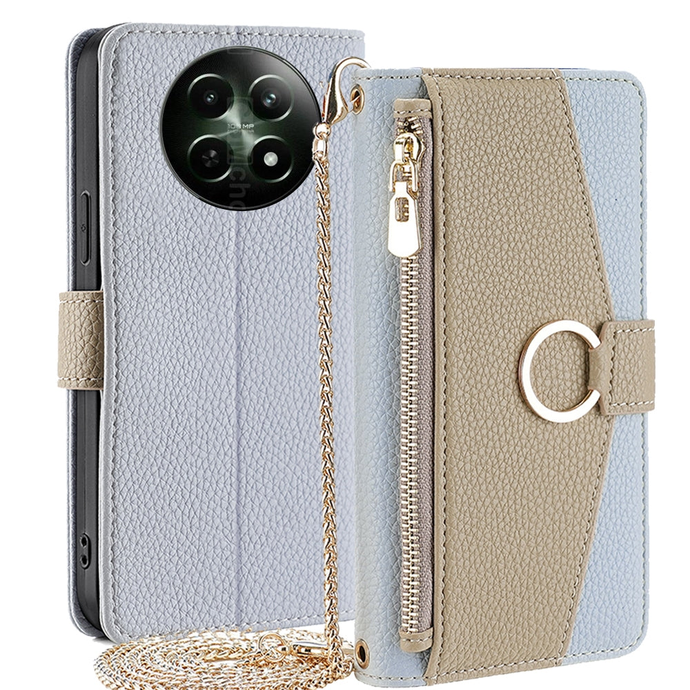 Realme 12 5G Crossbody Phone Case with Litchi Texture Leather, Adjustable Kickstand, Card Slots, Zipper Purse, Makeup Mirror, and TPU Protection