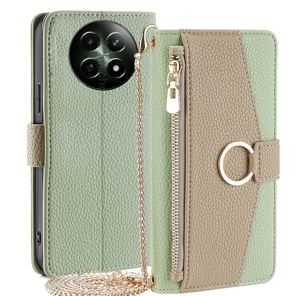 Realme 12 5G Crossbody Phone Case with Litchi Texture Leather, Adjustable Kickstand, Card Slots, Zipper Purse, Makeup Mirror, and TPU Protection