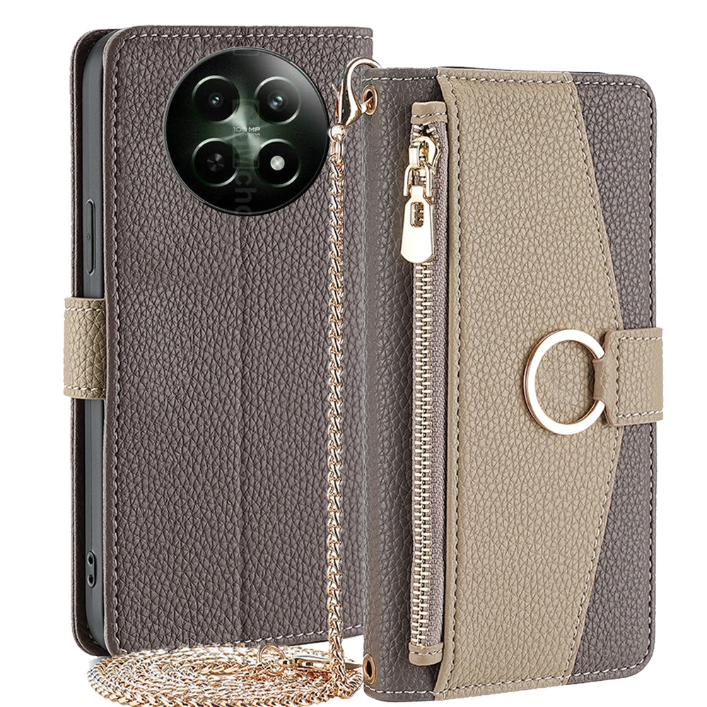 Realme 12 5G Crossbody Phone Case with Litchi Texture Leather, Adjustable Kickstand, Card Slots, Zipper Purse, Makeup Mirror, and TPU Protection