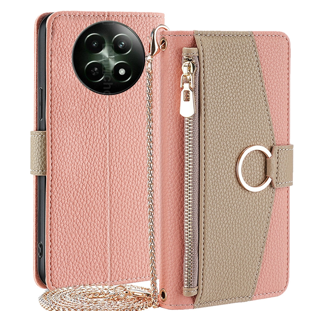 Realme 12 5G Crossbody Phone Case with Litchi Texture Leather, Adjustable Kickstand, Card Slots, Zipper Purse, Makeup Mirror, and TPU Protection