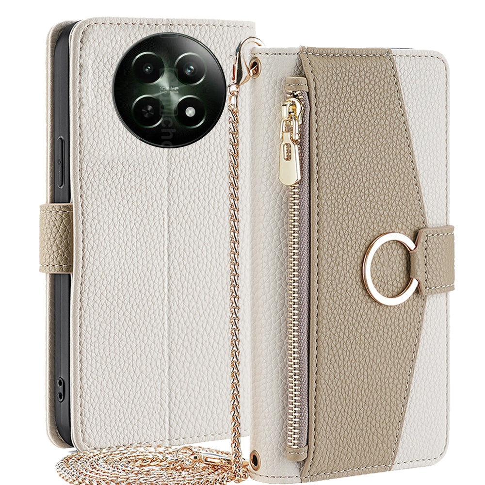 Realme 12 5G Crossbody Phone Case with Litchi Texture Leather, Adjustable Kickstand, Card Slots, Zipper Purse, Makeup Mirror, and TPU Protection