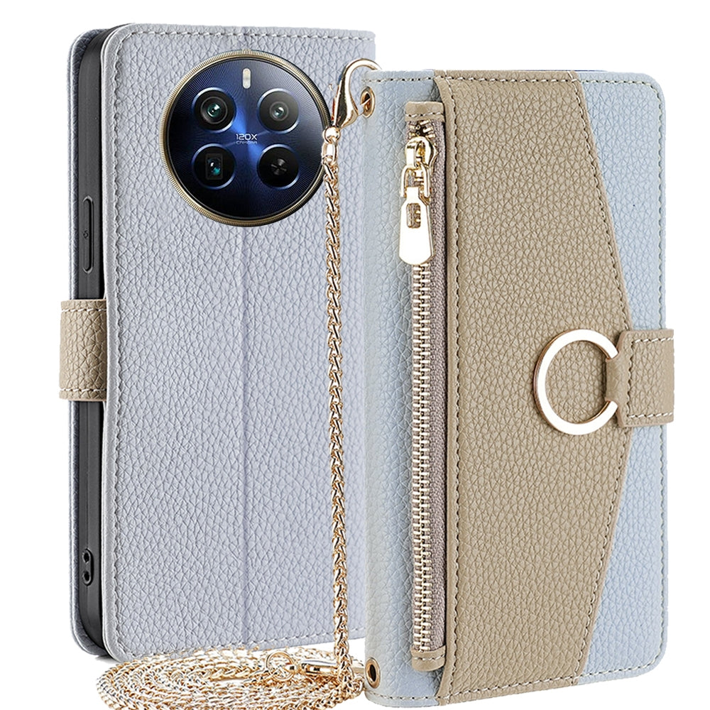 Realme 12 Pro 5G Crossbody Phone Case with Litchi Texture Leather, Adjustable Kickstand, Card Slots, Zipper Purse, Makeup Mirror, and TPU Protection