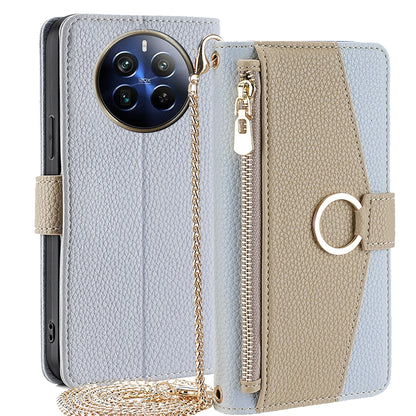 Realme 12 Pro 5G Crossbody Phone Case with Litchi Texture Leather, Adjustable Kickstand, Card Slots, Zipper Purse, Makeup Mirror, and TPU Protection