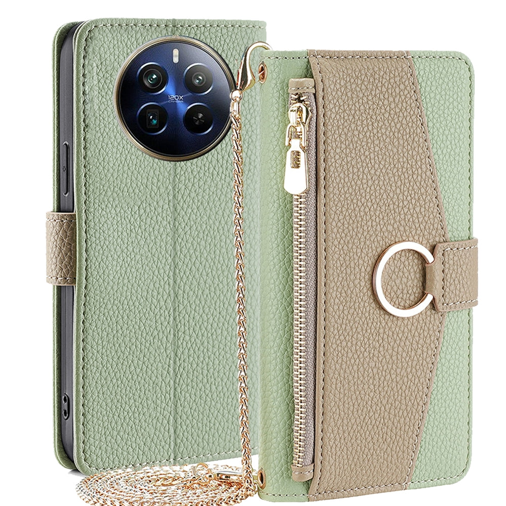 Realme 12 Pro 5G Crossbody Phone Case with Litchi Texture Leather, Adjustable Kickstand, Card Slots, Zipper Purse, Makeup Mirror, and TPU Protection