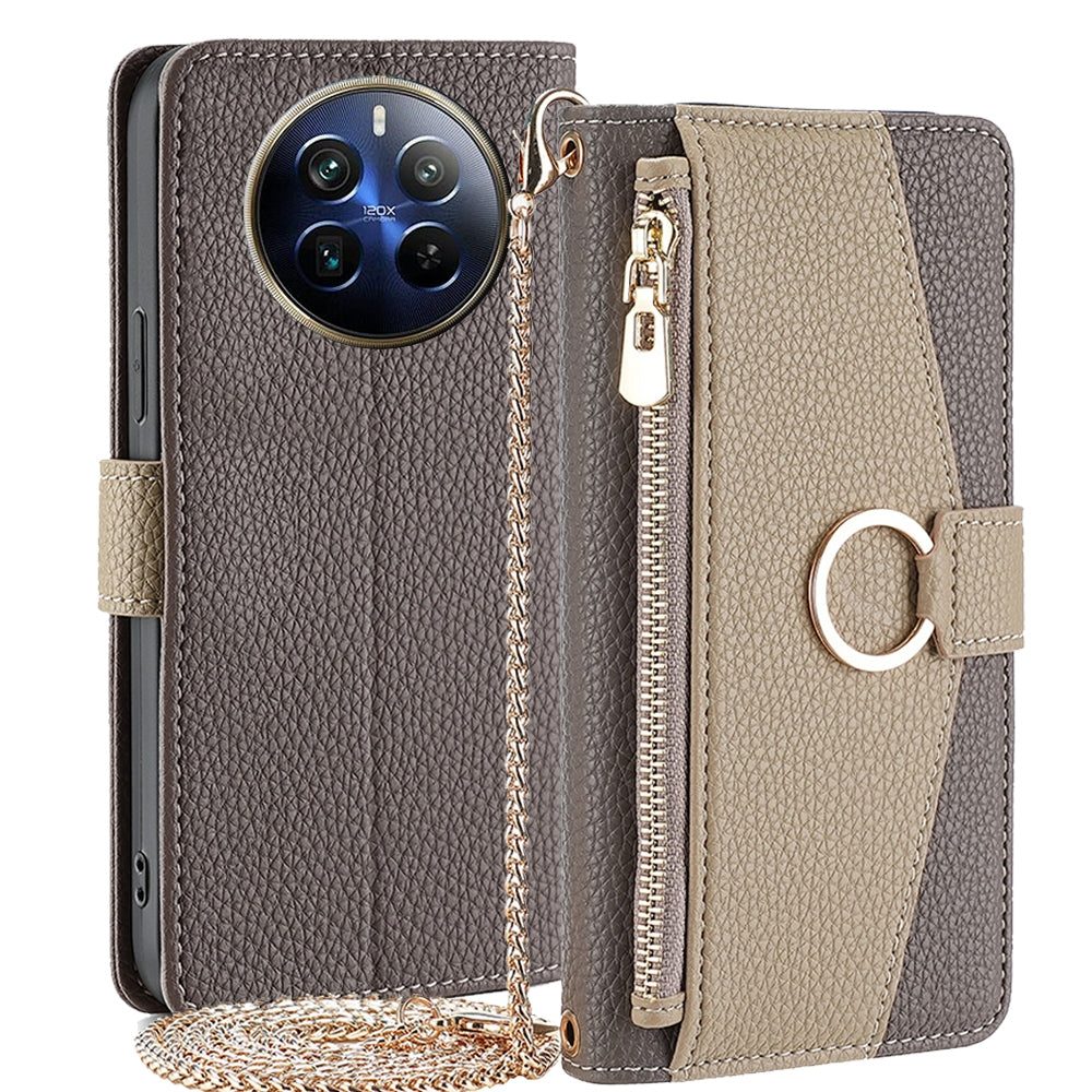 Realme 12 Pro 5G Crossbody Phone Case with Litchi Texture Leather, Adjustable Kickstand, Card Slots, Zipper Purse, Makeup Mirror, and TPU Protection