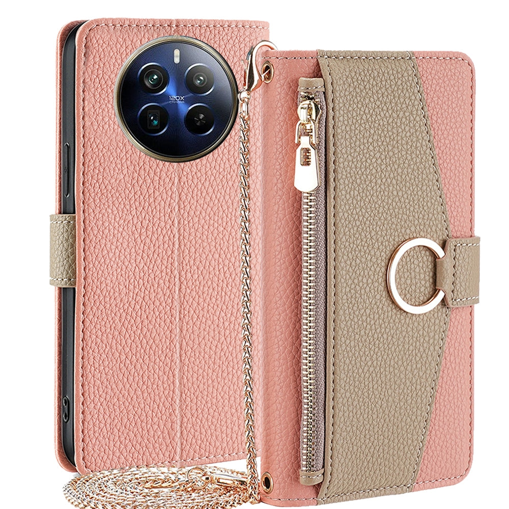 Realme 12 Pro 5G Crossbody Phone Case with Litchi Texture Leather, Adjustable Kickstand, Card Slots, Zipper Purse, Makeup Mirror, and TPU Protection