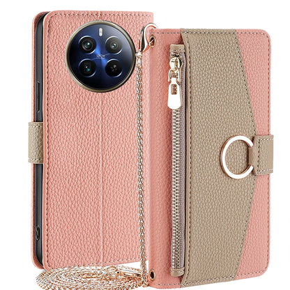 Realme 12 Pro 5G Crossbody Phone Case with Litchi Texture Leather, Adjustable Kickstand, Card Slots, Zipper Purse, Makeup Mirror, and TPU Protection