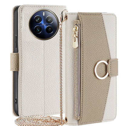 Realme 12 Pro 5G Crossbody Phone Case with Litchi Texture Leather, Adjustable Kickstand, Card Slots, Zipper Purse, Makeup Mirror, and TPU Protection