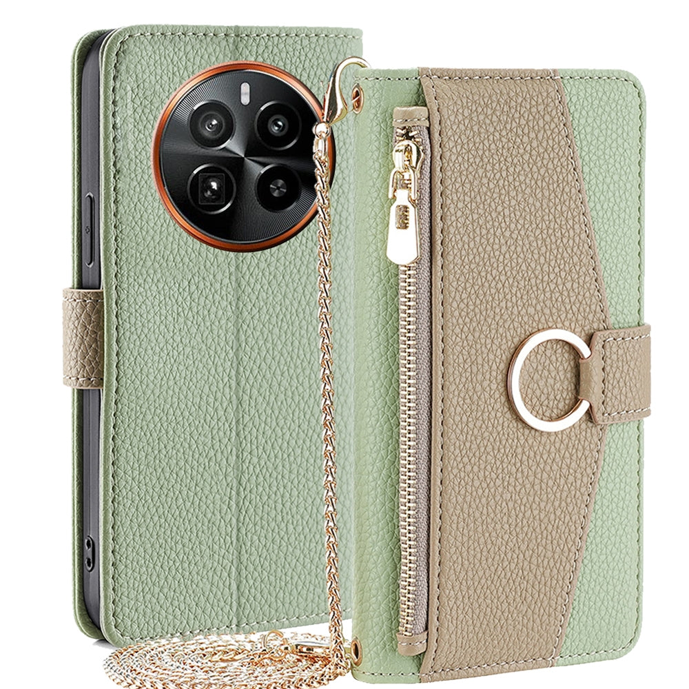 Realme GT5 Pro 5G Crossbody Phone Case with Litchi Texture Leather, Adjustable Kickstand, Card Slots, Zipper Purse, Makeup Mirror, and TPU Protection