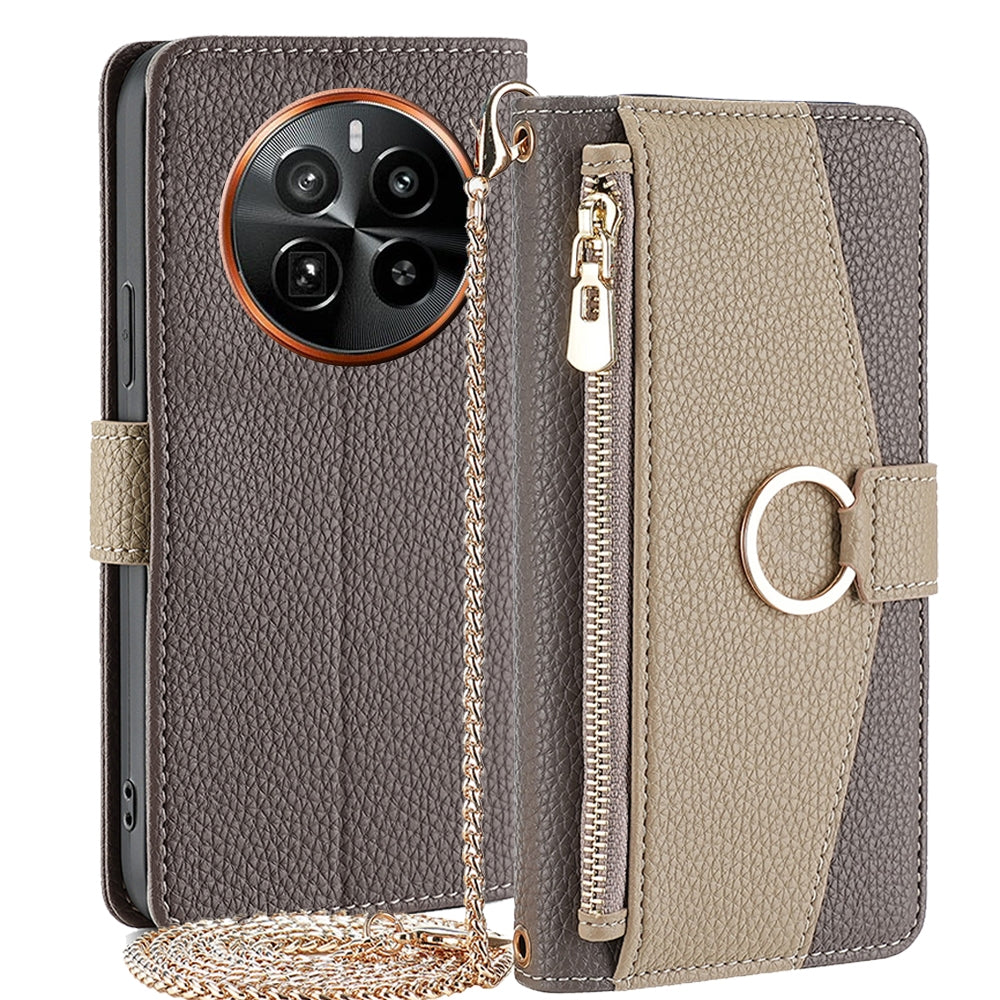 Realme GT5 Pro 5G Crossbody Phone Case with Litchi Texture Leather, Adjustable Kickstand, Card Slots, Zipper Purse, Makeup Mirror, and TPU Protection