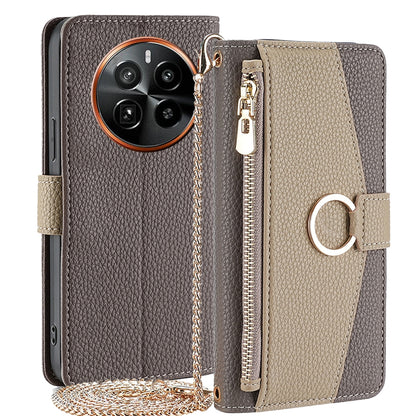 Realme GT5 Pro 5G Crossbody Phone Case with Litchi Texture Leather, Adjustable Kickstand, Card Slots, Zipper Purse, Makeup Mirror, and TPU Protection