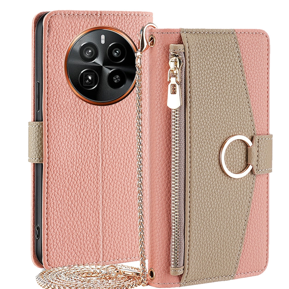 Realme GT5 Pro 5G Crossbody Phone Case with Litchi Texture Leather, Adjustable Kickstand, Card Slots, Zipper Purse, Makeup Mirror, and TPU Protection