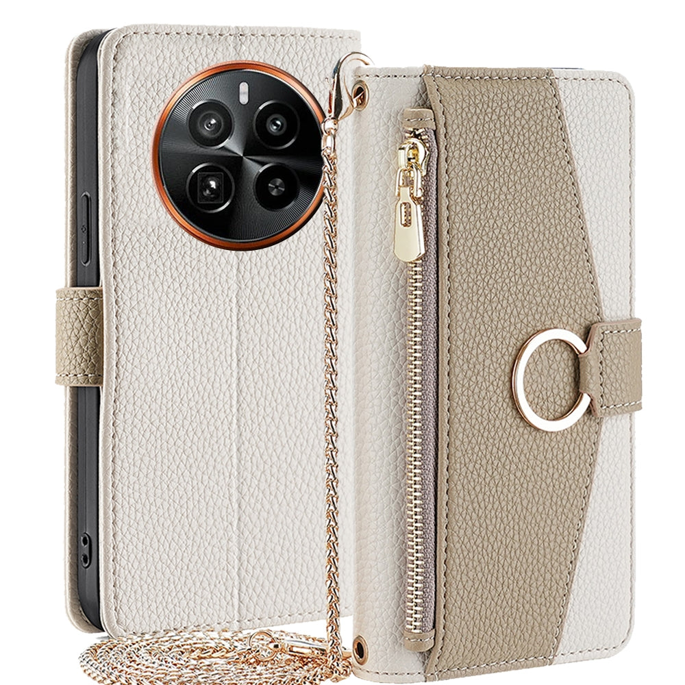 Realme GT5 Pro 5G Crossbody Phone Case with Litchi Texture Leather, Adjustable Kickstand, Card Slots, Zipper Purse, Makeup Mirror, and TPU Protection