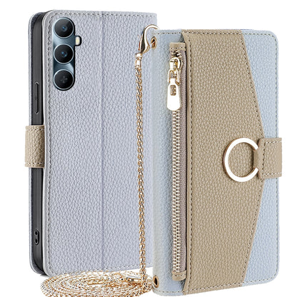 Realme C65 4G Crossbody Phone Case with Litchi Texture Leather, Adjustable Kickstand, Card Slots, Zipper Purse, Makeup Mirror, and TPU Protection