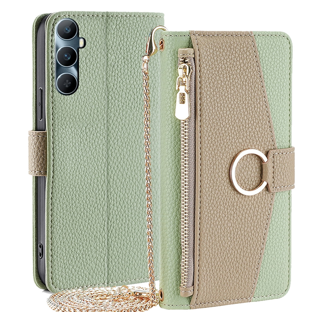 Realme C65 4G Crossbody Phone Case with Litchi Texture Leather, Adjustable Kickstand, Card Slots, Zipper Purse, Makeup Mirror, and TPU Protection