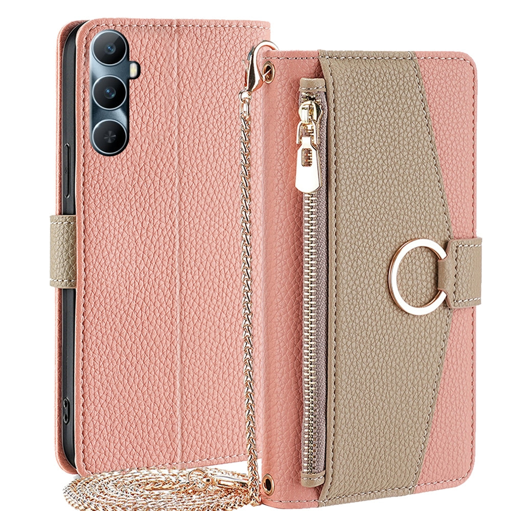 Realme C65 4G Crossbody Phone Case with Litchi Texture Leather, Adjustable Kickstand, Card Slots, Zipper Purse, Makeup Mirror, and TPU Protection