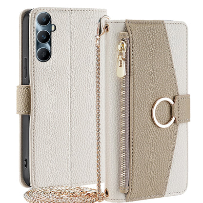 Realme C65 4G Crossbody Phone Case with Litchi Texture Leather, Adjustable Kickstand, Card Slots, Zipper Purse, Makeup Mirror, and TPU Protection