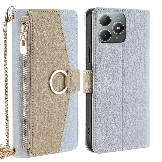 Realme C61 4G Crossbody Phone Case with Litchi Texture Leather, Adjustable Kickstand, Card Slots, Zipper Purse, Makeup Mirror, and TPU Protection