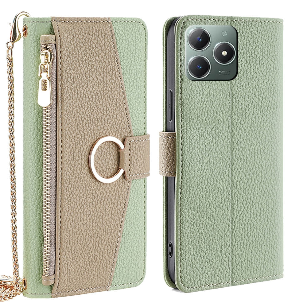 Realme C61 4G Crossbody Phone Case with Litchi Texture Leather, Adjustable Kickstand, Card Slots, Zipper Purse, Makeup Mirror, and TPU Protection