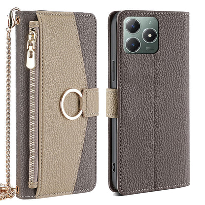 Realme C61 4G Crossbody Phone Case with Litchi Texture Leather, Adjustable Kickstand, Card Slots, Zipper Purse, Makeup Mirror, and TPU Protection