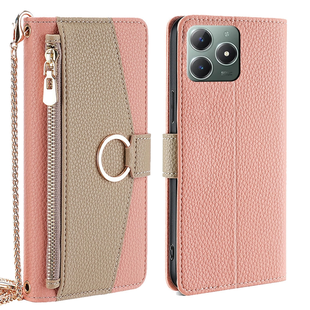 Realme C61 4G Crossbody Phone Case with Litchi Texture Leather, Adjustable Kickstand, Card Slots, Zipper Purse, Makeup Mirror, and TPU Protection