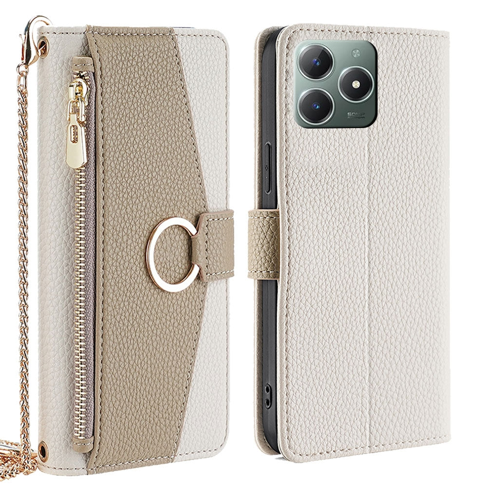 Realme C61 4G Crossbody Phone Case with Litchi Texture Leather, Adjustable Kickstand, Card Slots, Zipper Purse, Makeup Mirror, and TPU Protection