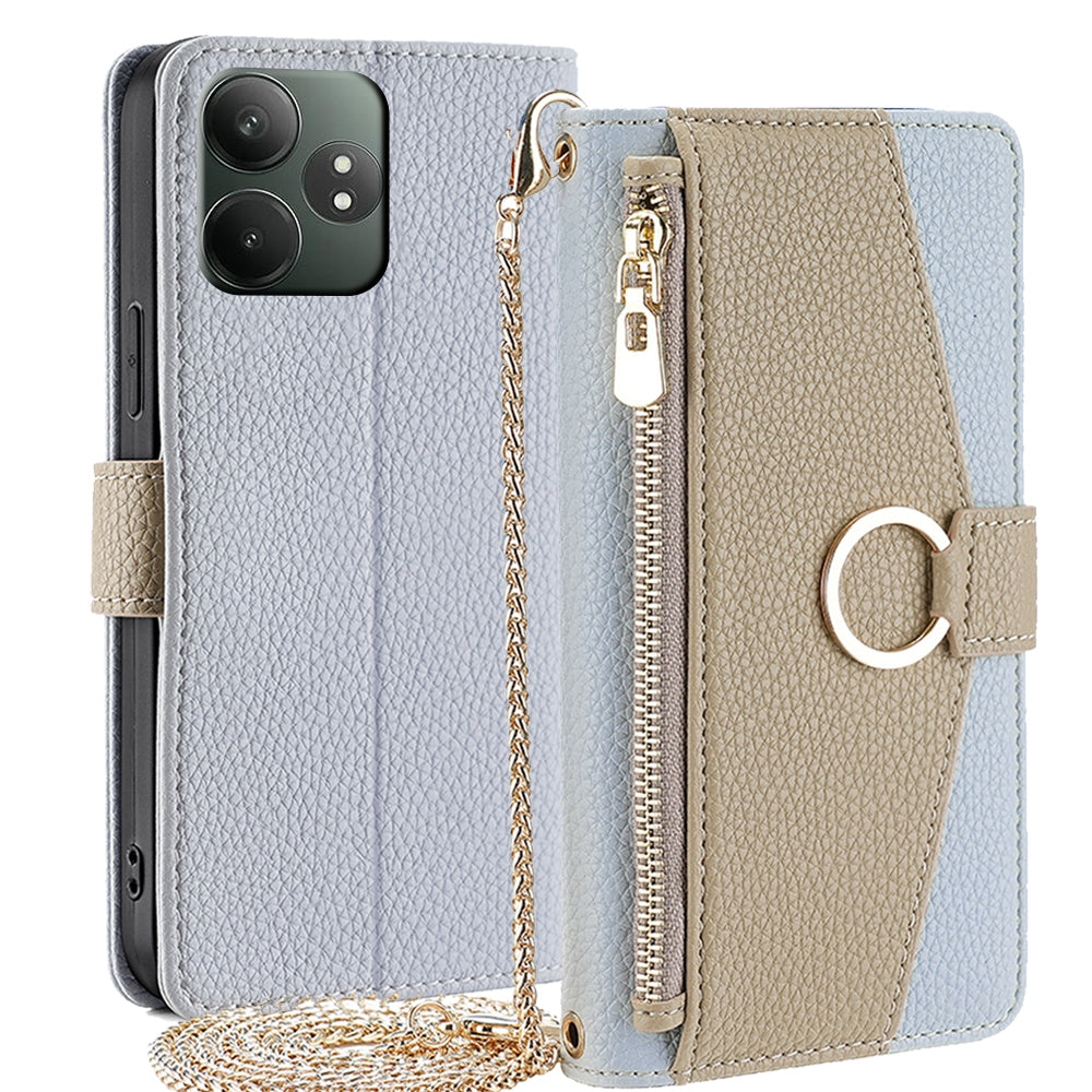 Realme GT Neo6 SE Crossbody Phone Case with Litchi Texture Leather, Adjustable Kickstand, Card Slots, Zipper Purse, Makeup Mirror, and TPU Protection