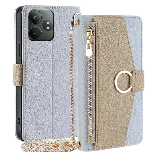 Realme GT Neo6 SE Crossbody Phone Case with Litchi Texture Leather, Adjustable Kickstand, Card Slots, Zipper Purse, Makeup Mirror, and TPU Protection