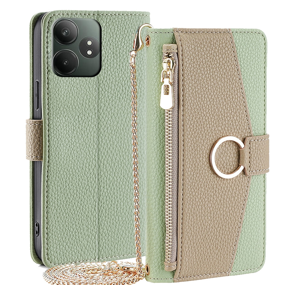 Realme GT Neo6 SE Crossbody Phone Case with Litchi Texture Leather, Adjustable Kickstand, Card Slots, Zipper Purse, Makeup Mirror, and TPU Protection