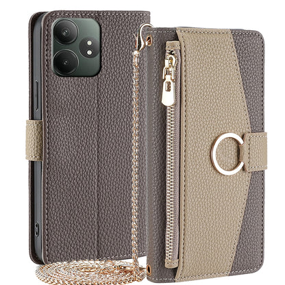 Realme GT Neo6 SE Crossbody Phone Case with Litchi Texture Leather, Adjustable Kickstand, Card Slots, Zipper Purse, Makeup Mirror, and TPU Protection