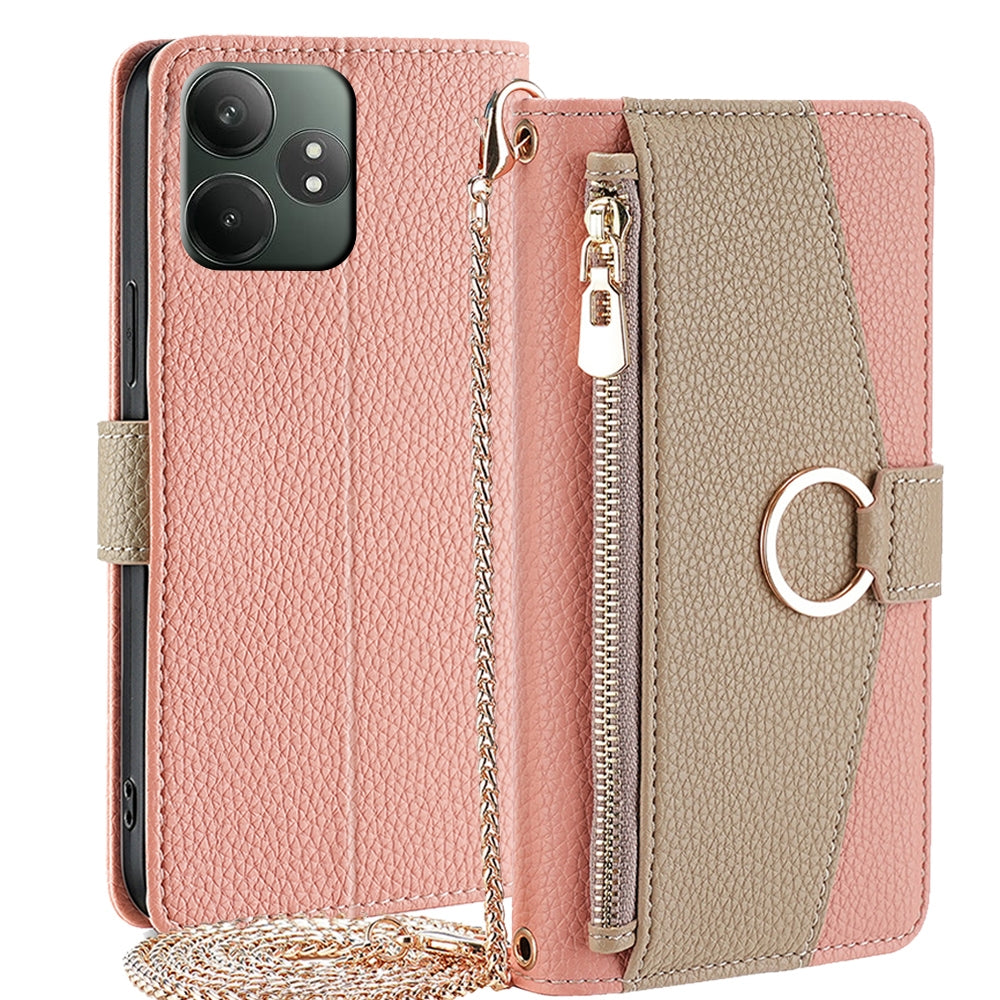Realme GT Neo6 SE Crossbody Phone Case with Litchi Texture Leather, Adjustable Kickstand, Card Slots, Zipper Purse, Makeup Mirror, and TPU Protection