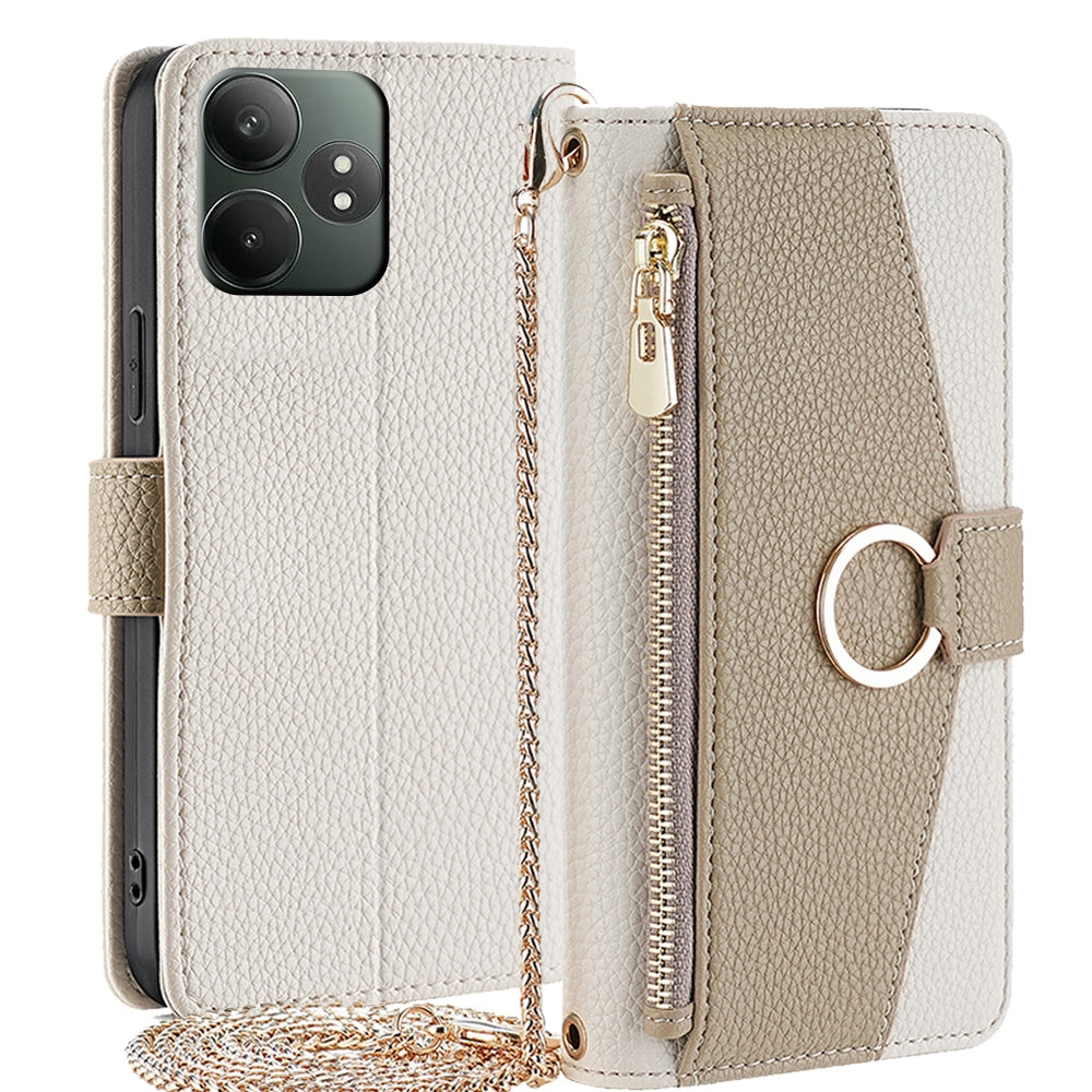 Realme GT Neo6 SE Crossbody Phone Case with Litchi Texture Leather, Adjustable Kickstand, Card Slots, Zipper Purse, Makeup Mirror, and TPU Protection
