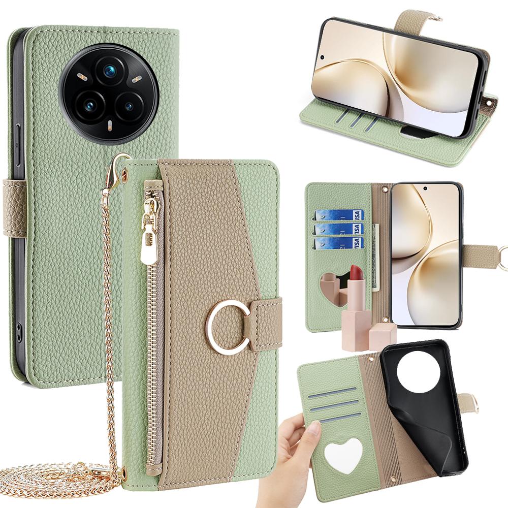 Realme 14 Pro 5G Global Crossbody Phone Case with Litchi Texture Leather, Adjustable Kickstand, Card Slots, Zipper Purse, Makeup Mirror, and TPU Protection