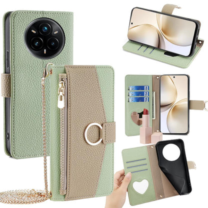 Realme 14 Pro 5G Global Crossbody Phone Case with Litchi Texture Leather, Adjustable Kickstand, Card Slots, Zipper Purse, Makeup Mirror, and TPU Protection