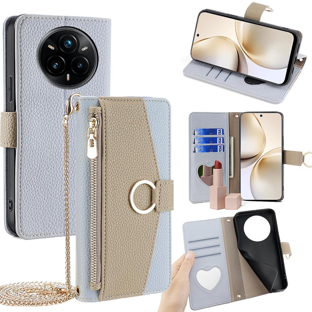Realme 14 Pro+ 5G Crossbody Phone Case with Litchi Texture Leather, Adjustable Kickstand, Card Slots, Zipper Purse, Makeup Mirror, and TPU Protection