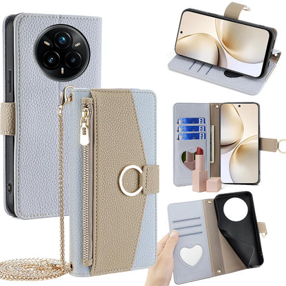 Realme 14 Pro+ 5G Crossbody Phone Case with Litchi Texture Leather, Adjustable Kickstand, Card Slots, Zipper Purse, Makeup Mirror, and TPU Protection