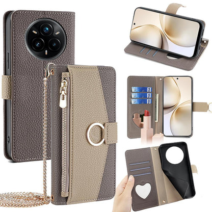 Realme 14 Pro+ 5G Crossbody Phone Case with Litchi Texture Leather, Adjustable Kickstand, Card Slots, Zipper Purse, Makeup Mirror, and TPU Protection