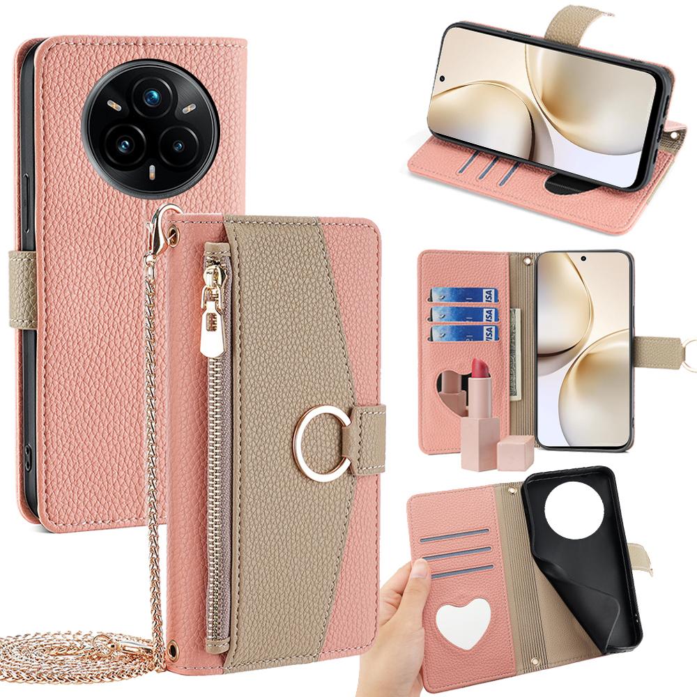 Realme 14 Pro+ 5G Crossbody Phone Case with Litchi Texture Leather, Adjustable Kickstand, Card Slots, Zipper Purse, Makeup Mirror, and TPU Protection