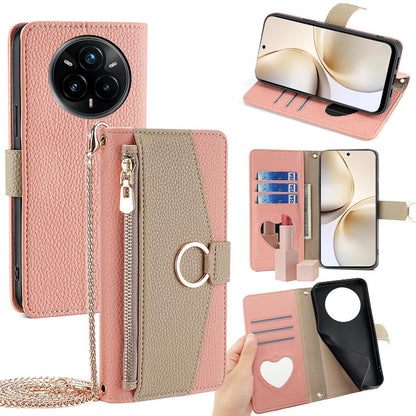 Realme 14 Pro+ 5G Crossbody Phone Case with Litchi Texture Leather, Adjustable Kickstand, Card Slots, Zipper Purse, Makeup Mirror, and TPU Protection