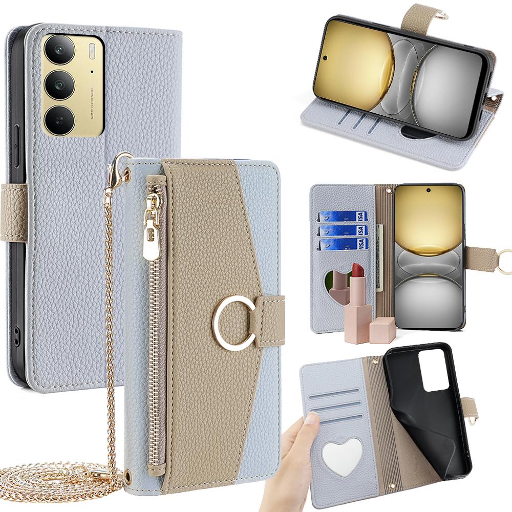 Realme 14x 5G Global Crossbody Phone Case with Litchi Texture Leather, Adjustable Kickstand, Card Slots, Zipper Purse, Makeup Mirror, and TPU Protection
