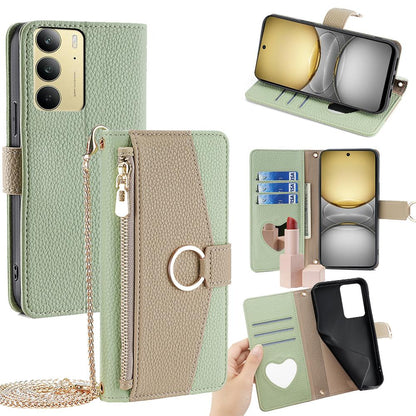 Realme C75 4G Crossbody Phone Case with Litchi Texture Leather, Adjustable Kickstand, Card Slots, Zipper Purse, Makeup Mirror, and TPU Protection