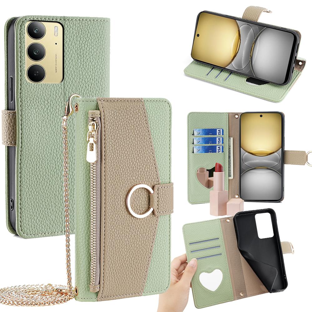 Realme 14x 5G Global Crossbody Phone Case with Litchi Texture Leather, Adjustable Kickstand, Card Slots, Zipper Purse, Makeup Mirror, and TPU Protection
