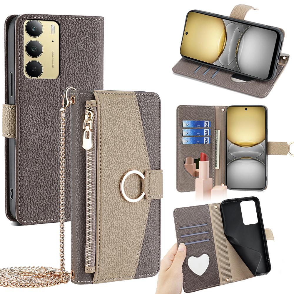 Realme C75 4G Crossbody Phone Case with Litchi Texture Leather, Adjustable Kickstand, Card Slots, Zipper Purse, Makeup Mirror, and TPU Protection