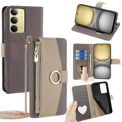 Realme C75 4G Crossbody Phone Case with Litchi Texture Leather, Adjustable Kickstand, Card Slots, Zipper Purse, Makeup Mirror, and TPU Protection