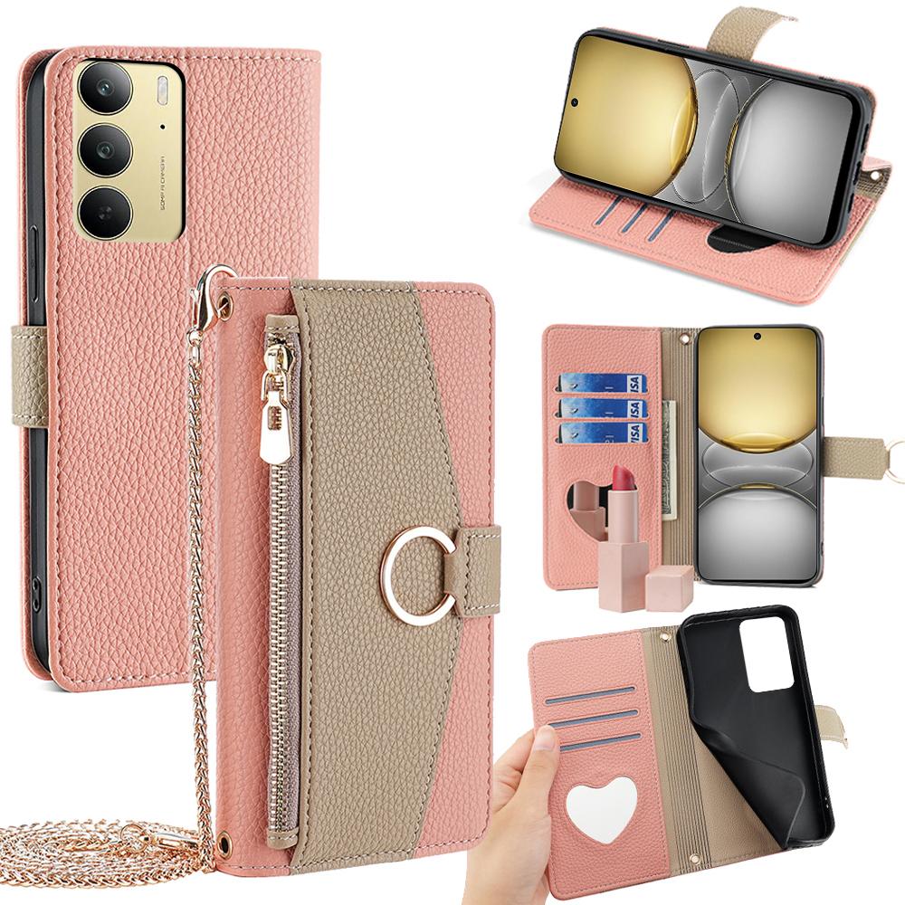 Realme 14x 5G Global Crossbody Phone Case with Litchi Texture Leather, Adjustable Kickstand, Card Slots, Zipper Purse, Makeup Mirror, and TPU Protection